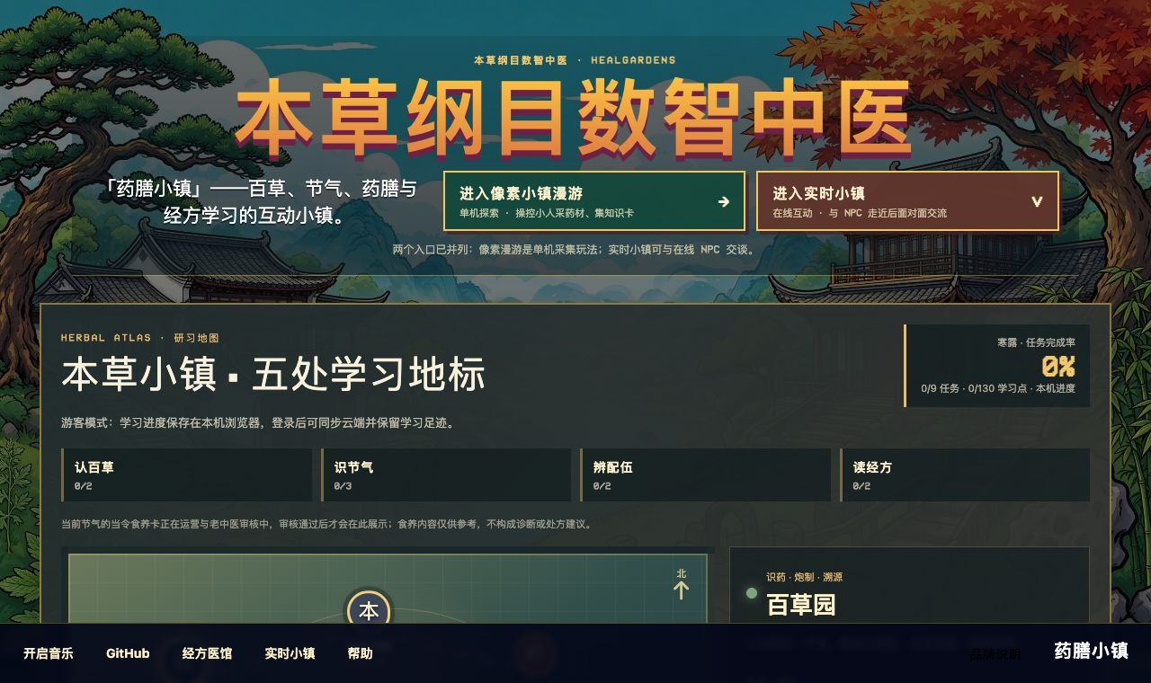 Herbal Cuisine Town (Bencao Gangmu Digital TCM) interface